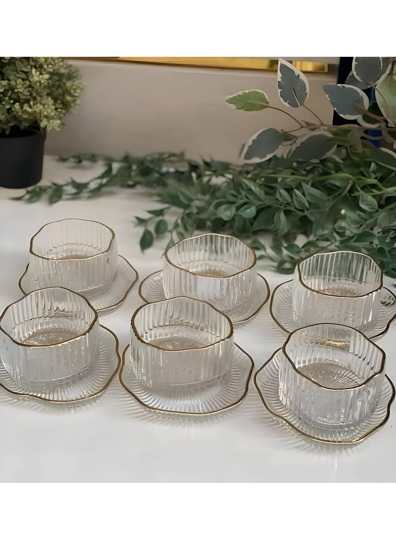 Gold-rimmed ribbed dessert set, perfect for muhallebi, qamar al-din, and rice pudding. Also suitable for fruits, nuts, sweets, and salads. The plates can be used for pickles and cakes. Set includes 12 pieces: 6 bowls + 6 plates. - Image 1